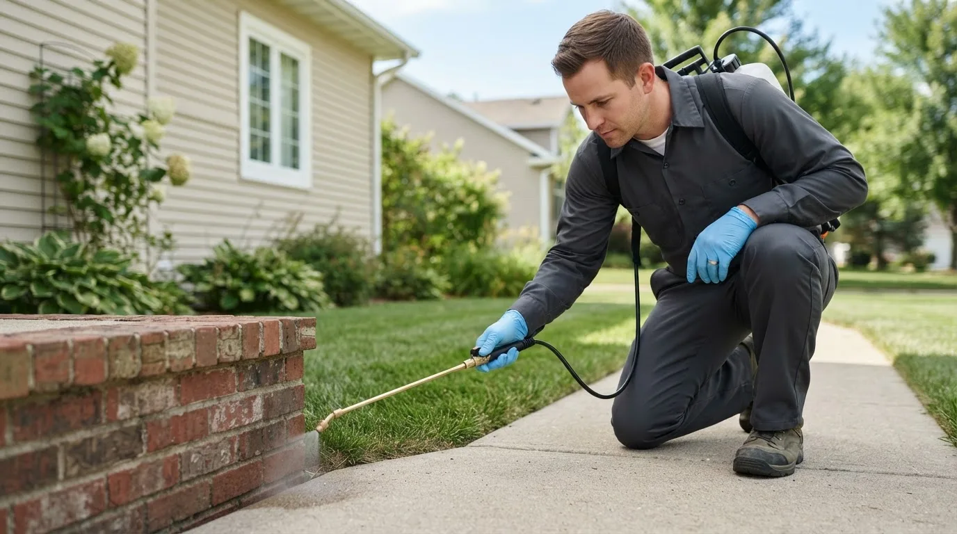 Pest control technician treating a home near Saint Cloud, MN